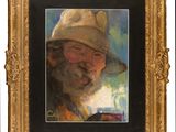 an oil painting of a man with a hat and glasses