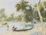 une peinture représentant un bateau sur l'eau avec des personnes à bord