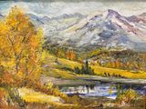 an oil painting of a mountain scene with a lake and trees