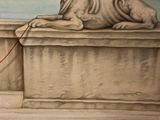 a painting of a woman sitting on a ledge with a dog