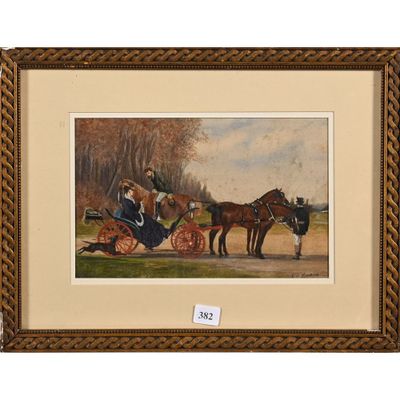 une image représentant un tableau où l'on voit une calèche tirée par deux personnes