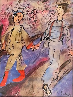 un tableau représentant un homme et une femme se tenant la main