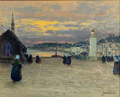 an oil painting of people walking on a beach near a lighthouse