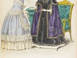 an old book with a drawing of two women in formal dress