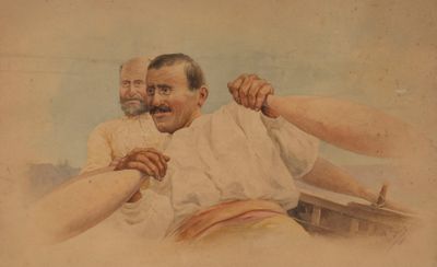 painting of a man and a woman in a boat holding hands