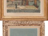 deux tableaux représentant des bateaux dans un port, avec un pont en arrière-plan
