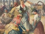 tableau représentant un groupe de personnes rassemblées autour d'une corbeille de fruits