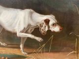 a painting of a dog that is running in the grass