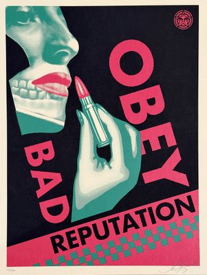 an old poster of a woman putting lipstick on her lips