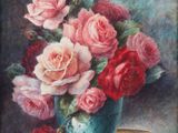 tableau représentant des roses dans un vase posé sur une table, avec un bol rempli de pétales de rose