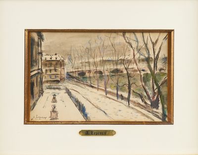 tableau représentant une rue enneigée avec un pont en arrière-plan