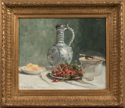 an oil painting of a plate of strawberries and a pitcher on a table