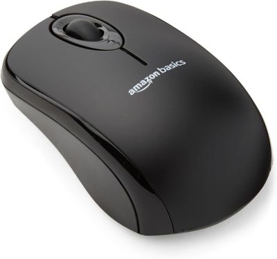 the computer mouse is black and has a white logo on it