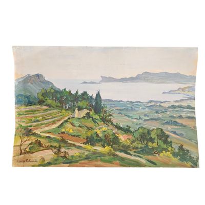 une aquarelle représentant un paysage avec des collines et des arbres