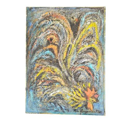 peinture représentant un coq, réalisée au pastel sur fond blanc