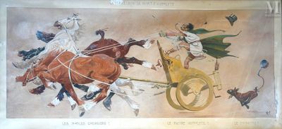 a picture of a painting of a man on a chariot being pulled by two horses