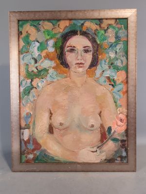 une peinture à l'huile représentant une femme nue tenant une rose à la main