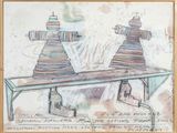 painting of two fire hydrants sitting on a table with a drawing of a fire hydrant in the background