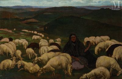 un tableau représentant une femme assise devant un troupeau de moutons