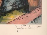 a picture of a painting of a man on a bridge