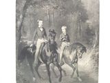 une vieille photo montrant deux personnes à cheval dans les bois
