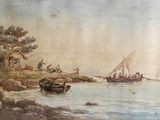 une peinture représentant un bateau sur l'eau avec des personnes à bord