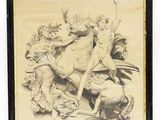framed drawing of a man on a horse and a woman on a horse