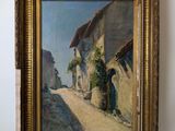 an oil painting of a street scene with a woman walking down the street