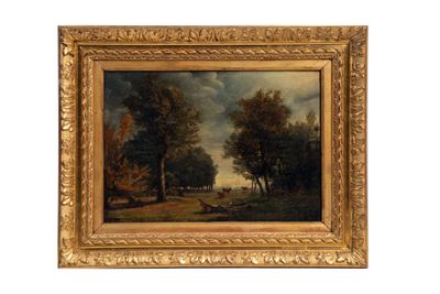 une peinture d'un paysage avec des arbres et une rivière au premier plan