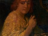 tableau représentant une femme en robe jaune tenant un miroir