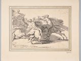 an old drawing of a group of people riding on horses