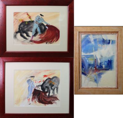 deux tableaux encadrés représentant un homme chevauchant un taureau et une femme à cheval