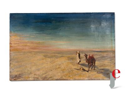 une peinture à l'huile représentant deux hommes à cheval dans le désert