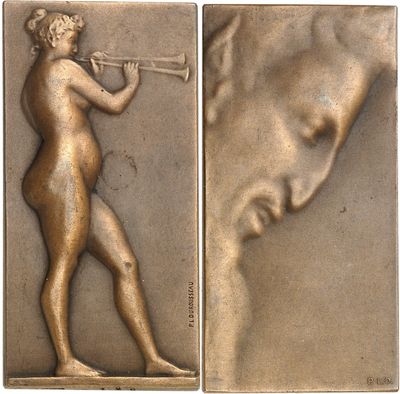 two bronze plaques depicting a man playing a trumpet and a woman playing a trumpet