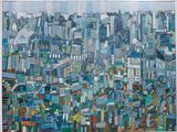 peinture représentant un paysage urbain avec de nombreux bâtiments en arrière-plan