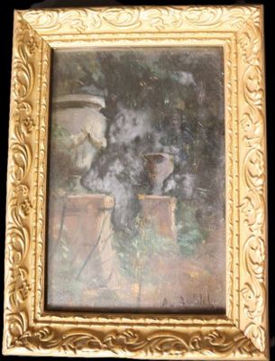 Albert AUBLET (1851-1938) Entrée de parc aux potiches bleu