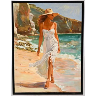 une peinture à l'huile représentant une femme en robe blanche et chapeau marchant sur la plage