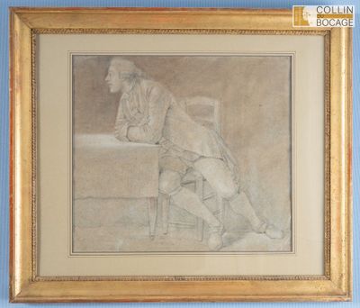 dessin représentant un homme assis sur une chaise dans une pièce aux murs bleus