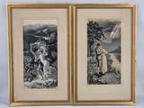 two framed pictures of a man and a woman with a dog