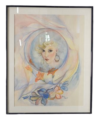 an image of a painting of a woman in a blue dress