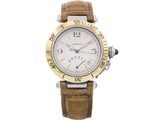 an image of a wrist watch with a white dial and brown leather strap