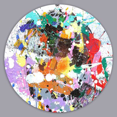 peinture abstraite représentant des éclaboussures de peinture multicolores sur un cercle blanc