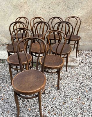 six chaises en bois alignées sur le gravier
