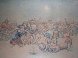 a painting of a group of people playing with a dog