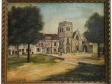 an oil painting of a church in a field with trees