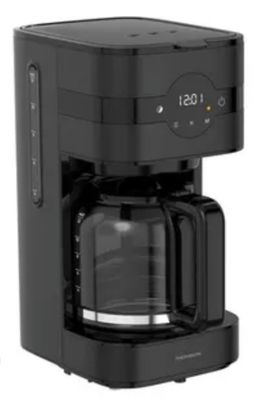 the coffee maker is black and has a glass carafeo in it