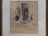 framed drawing of a man painting a picture of a woman in a chair