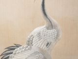 painting of two cranes standing next to each other on a beige background