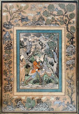 un vieux tableau représentant un homme et une femme assis dans un jardin