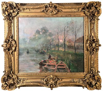 une image représentant un tableau où l'on voit des personnes dans un bateau sur une rivière